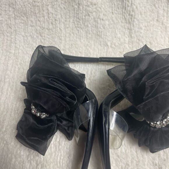 Azalea Wang clear plastic straps Black Heel sandals bow rhinestones accent SZ8.5 - Picture 8 of 10